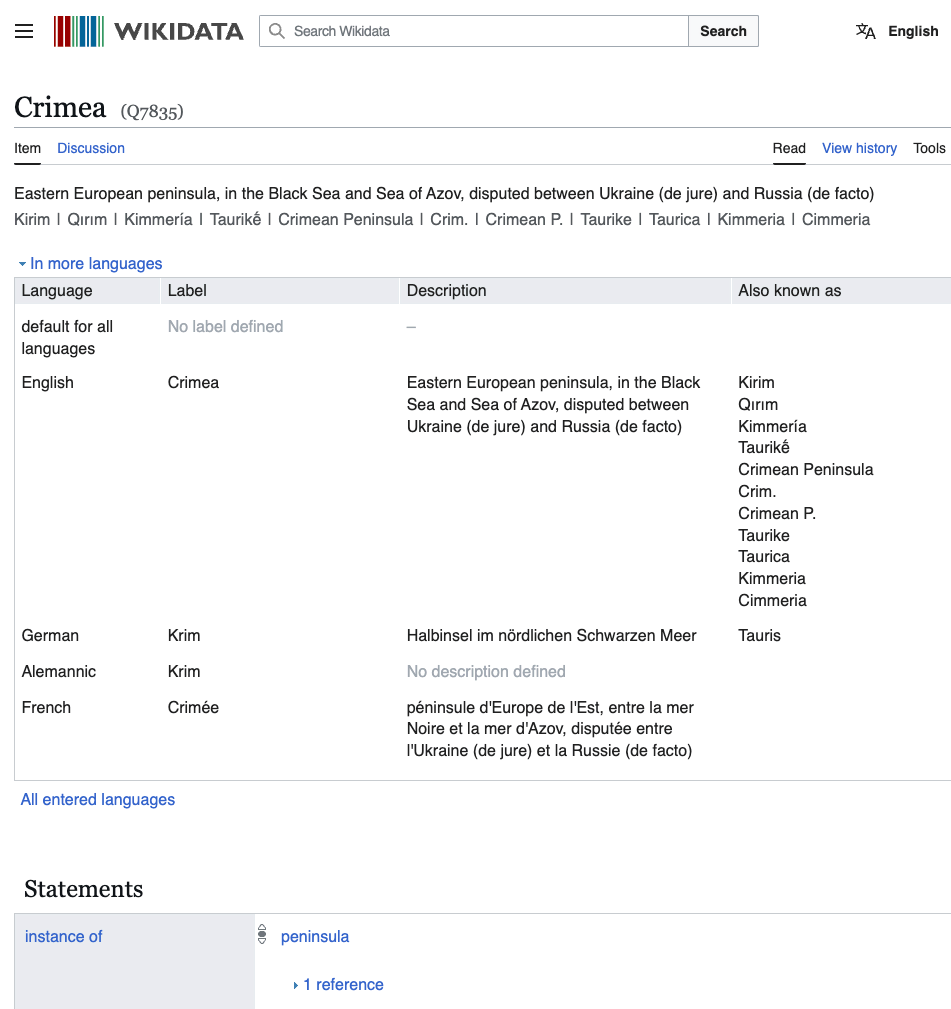 Screenshot einer Wikidata-Seite mit dem Eintrag Crimea (Q7835). Sichtbar sind der Titel "Crimea", eine kurze Beschreibung der Halbinsel als umstrittenes Gebiet zwischen Ukraine und Russland sowie Sprachangaben (Englisch, Deutsch, Alemannisch, Französisch) mit verschiedenen Labels und Synonymen. Darunter der Abschnitt "Statements" mit dem Hinweis "instance of: peninsula."