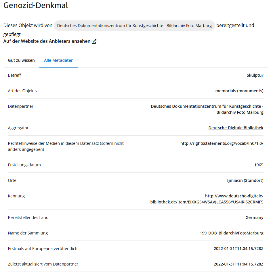 Screenshot eines Metadateneintrags in Europeana zum Objekt "Genozid-Denkmal" mit Angaben wie "Betreff", "Datenpartner" oder "Rechtehinweise".